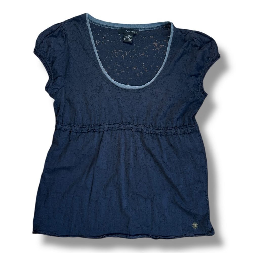 Calvin Klein Black-Gray Smocked Tee with Cap Sleeves Sz L